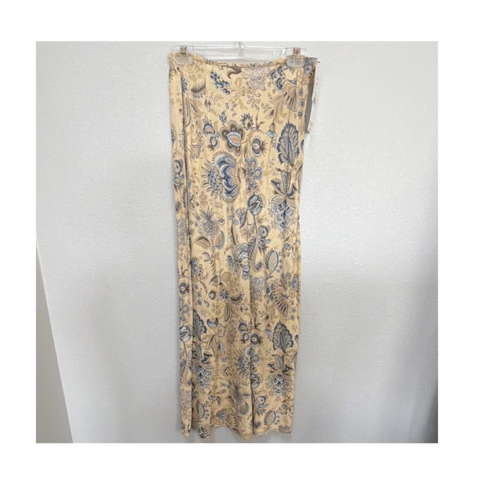 Karen Kane Linen Floral Maxi Skirt Beige Blue Floral. Cottage Core. Y2K